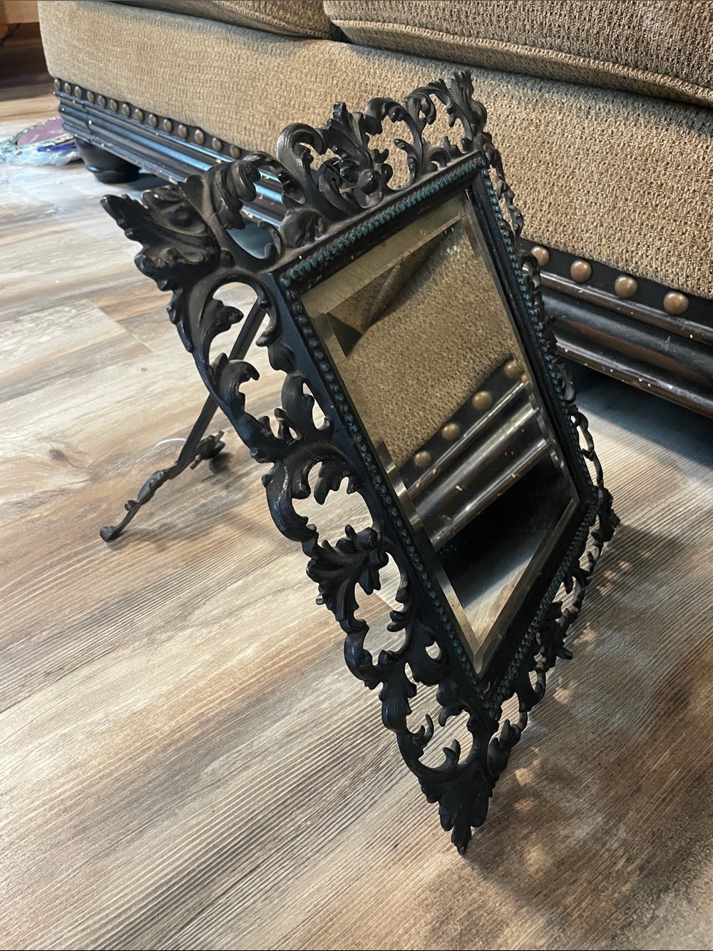 Antique Gothic Style Ornate Cast Iron Standing Mirror Picture Frame Easel Style